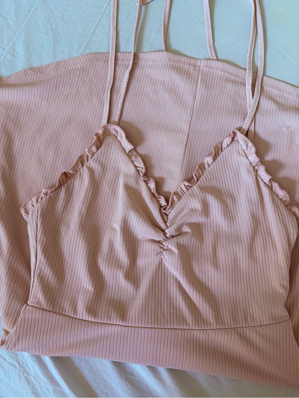 Showpo Blush Pink Ribbed Halter Ruffle Mini Dress - Picture 4 of 5